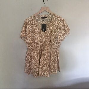 FunJuly Floral Tan & Cream Blouse - NWT - Large